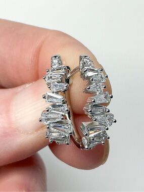 Art Deco Inspired Silver Baguette CZ Hoop Earrings | Iced Out Glam Huggies